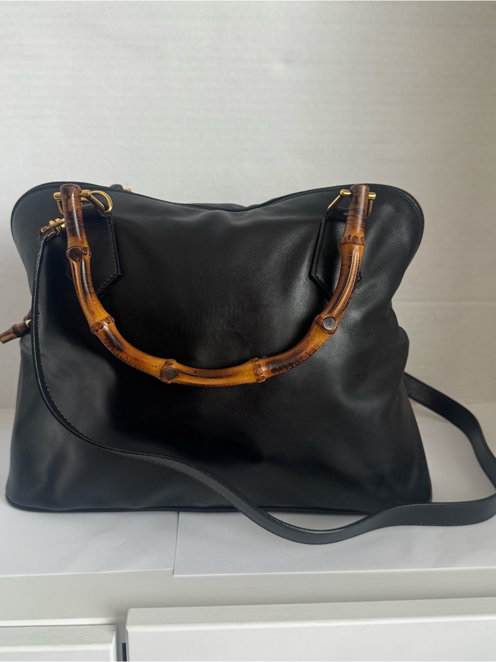 Large Authentic Gucci Black leather bamboo handle bag purse satchel - Picture 3 of 17